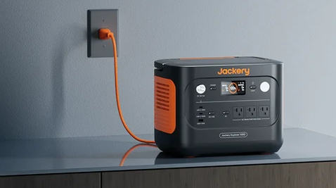 Jackery Explorer 1000 v2 portable power station with orange charging cable